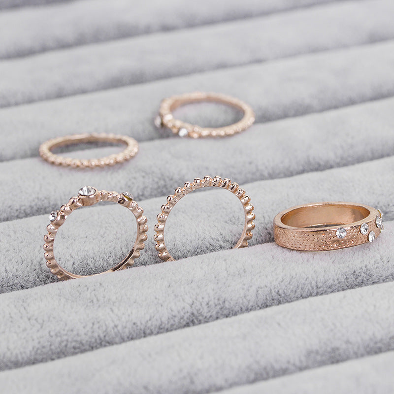 Euro Glam Rose Gold Diamond Stackable Rings: Set of Five Elegant Jewelry Pieces