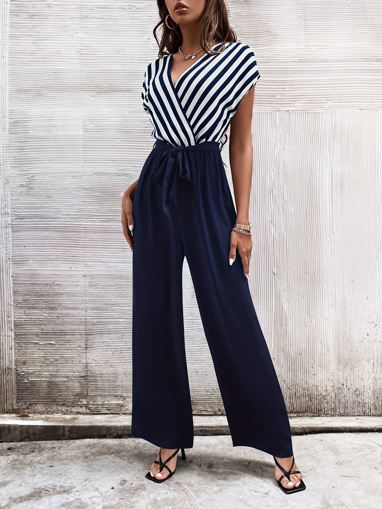 Striped Pattern Surplice Neck Jumpsuit