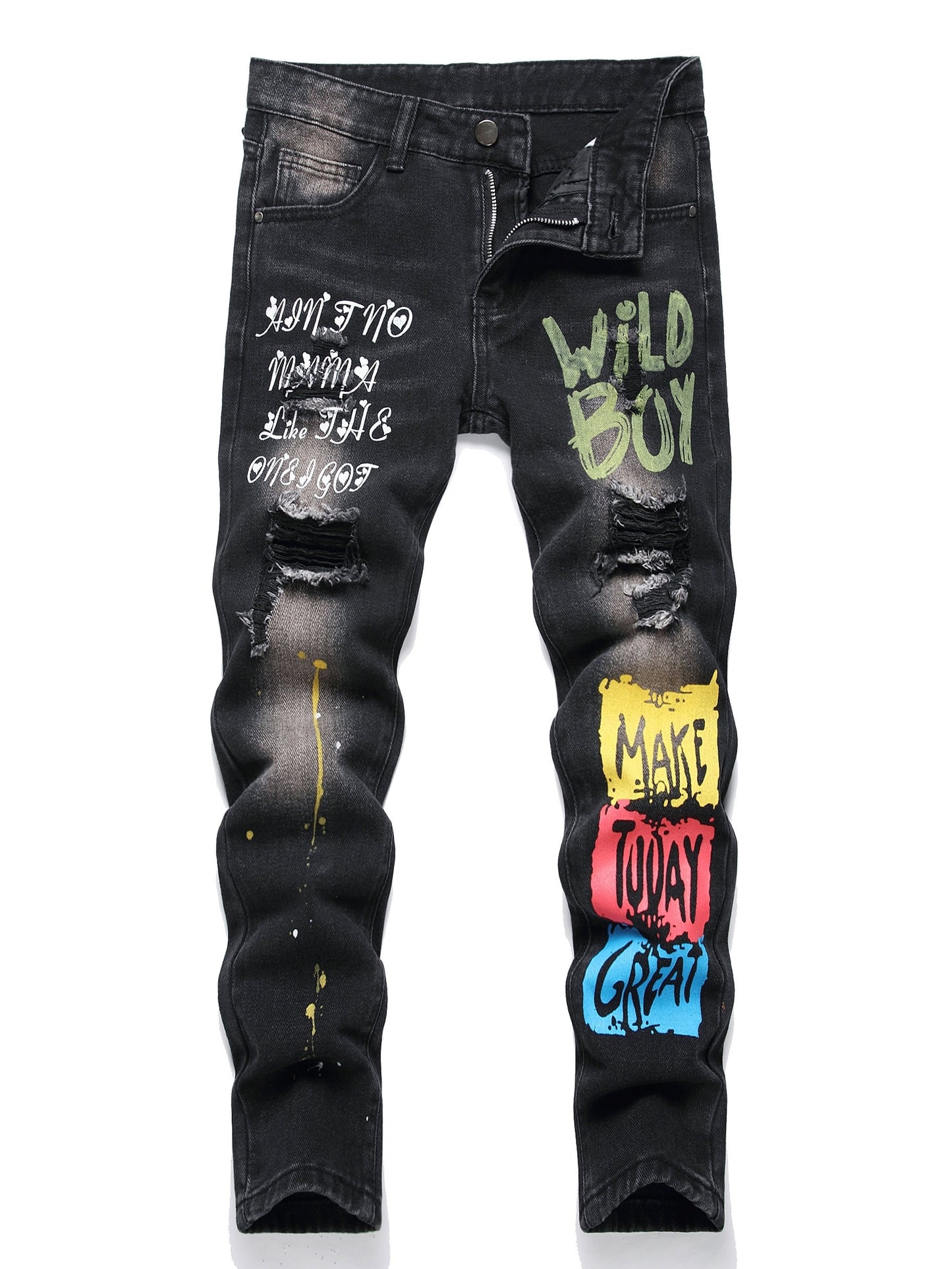 👖 Boys' Colorful Letter Print Ripped Denim Pants