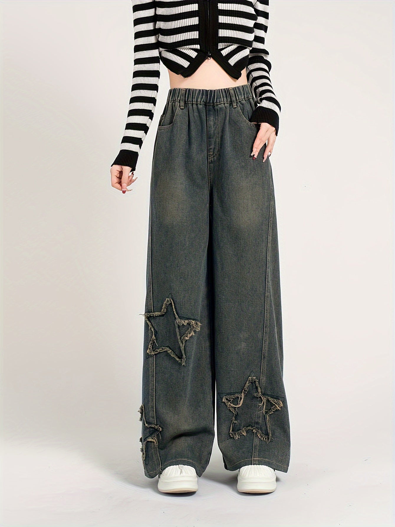 Girls' Y2K-Inspired Vintage Star Embroidered Straight-Leg Jeans 🌟👖