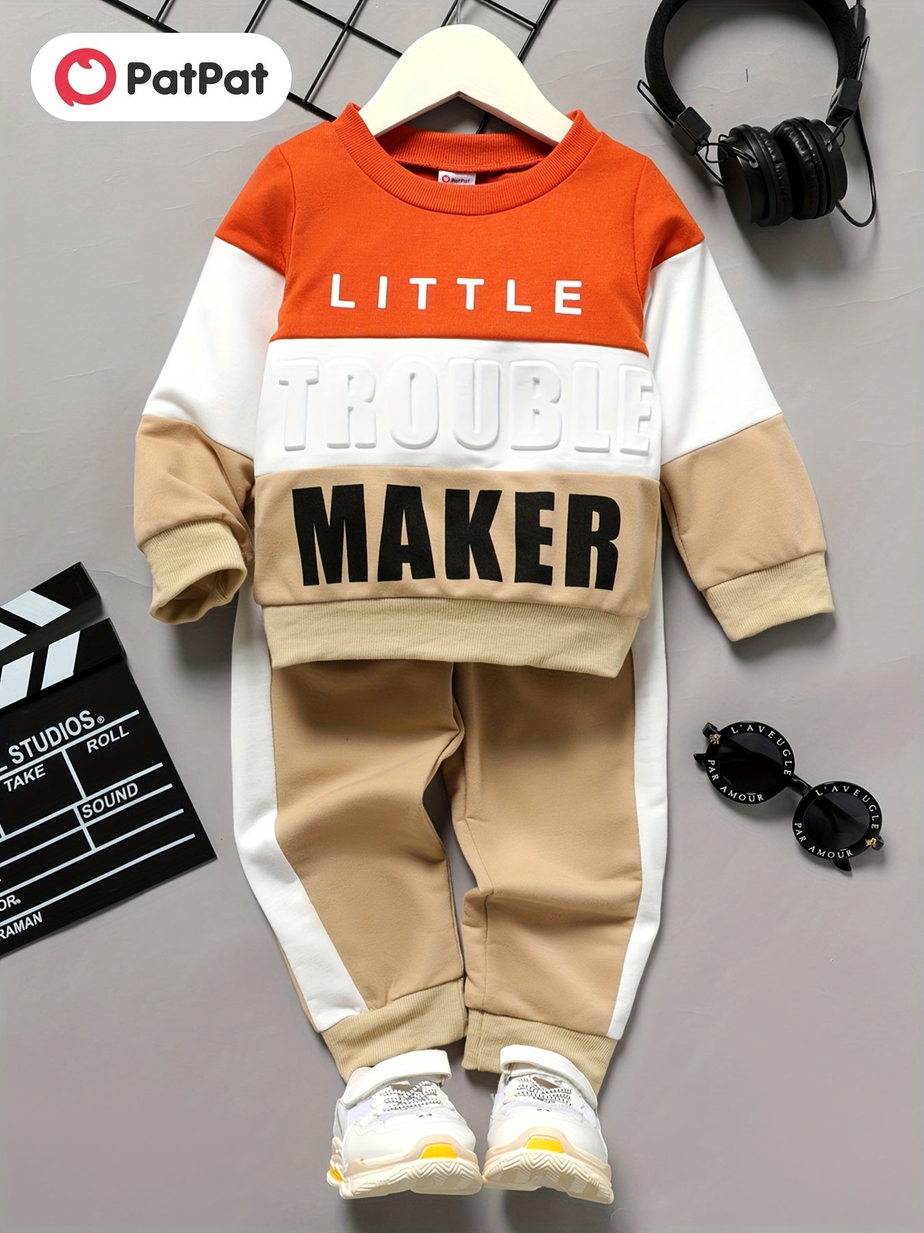 Pat Pat 2pcs Toddler Boy Trendy Letter Print Color block Set - Round Neck Long-Sleeve Sweatshirt & Sport Pants