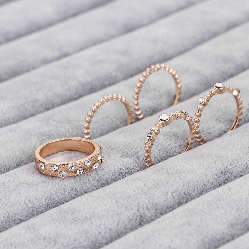 Euro Glam Rose Gold Diamond Stackable Rings: Set of Five Elegant Jewelry Pieces