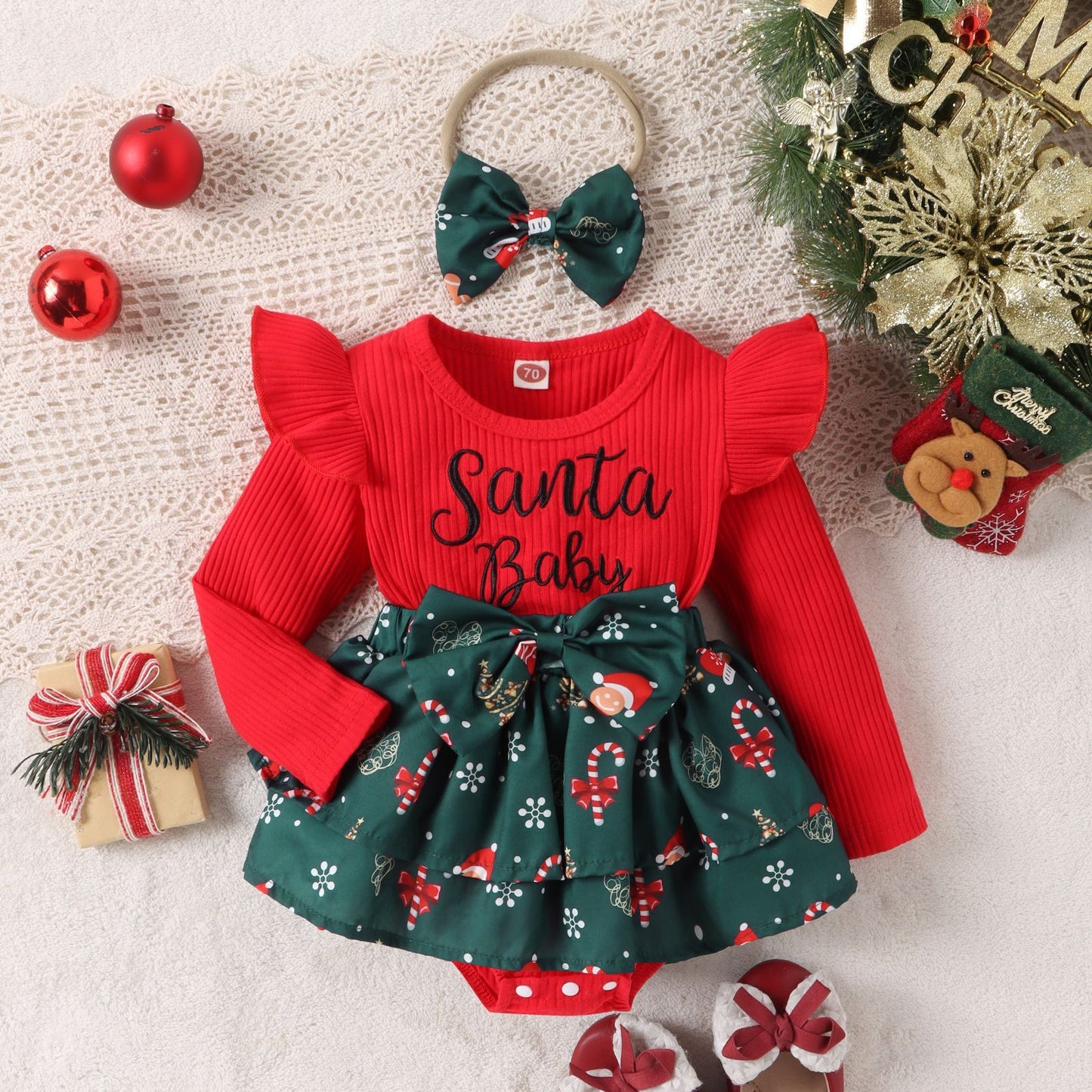 Sunken Stripe Flounced Sleeve Letter Embroidery Santa Claus Printed Dress