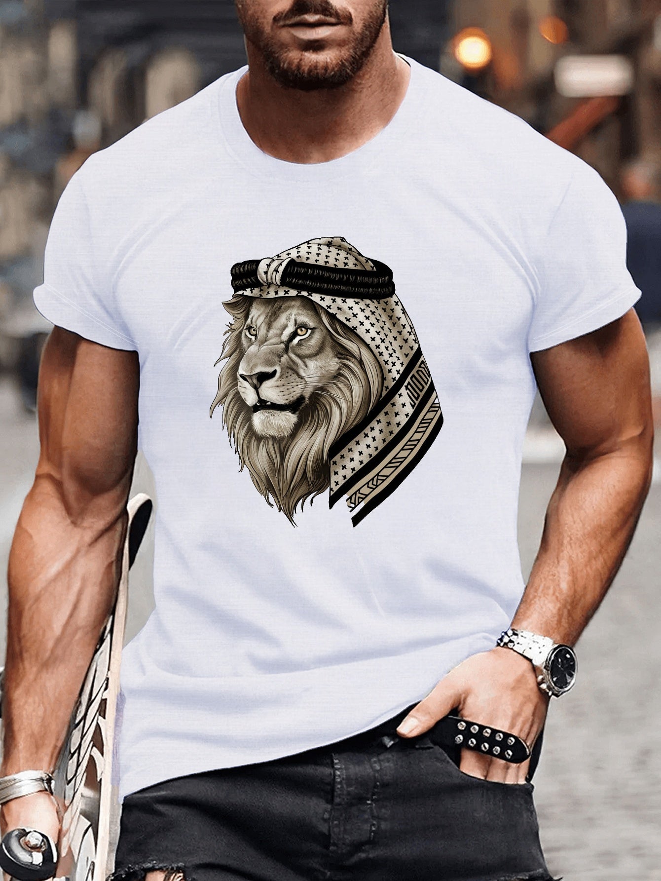 🦁 Lion with Keffiyeh Headdress Print Men's T-Shirt 🌟