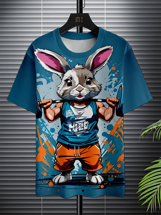 🐰 Men's 3D Digital Cartoon Style Exercising Muscular Rabbit Pattern T-Shirt