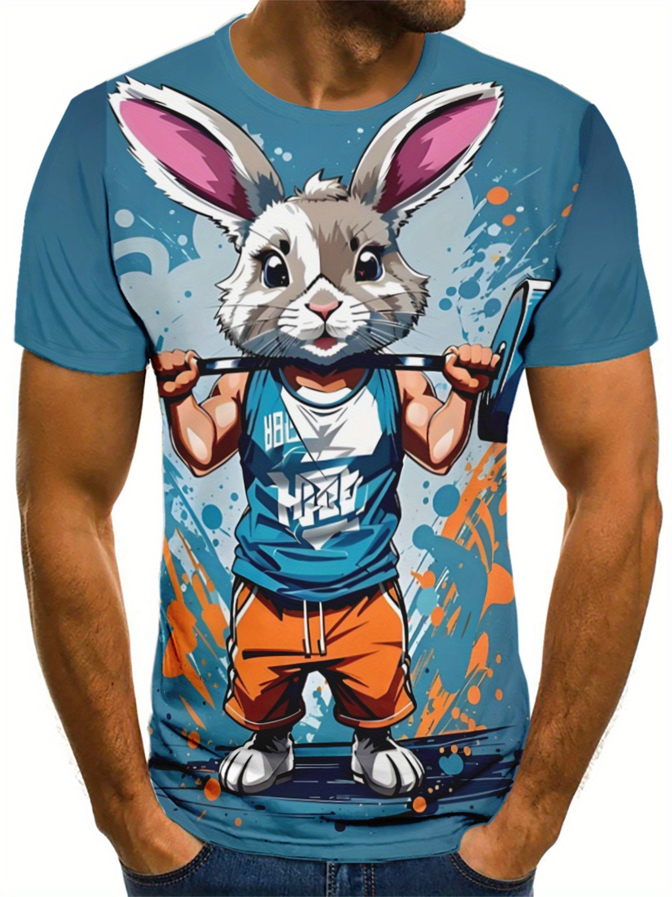 🐰 Men's 3D Digital Cartoon Style Exercising Muscular Rabbit Pattern T-Shirt