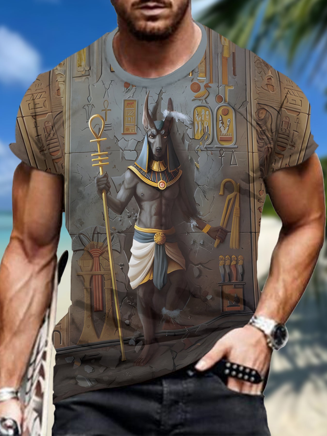 🌟 Pyramid Pulse: 3D Egypt Themed Crew Neck Tee 🏜️