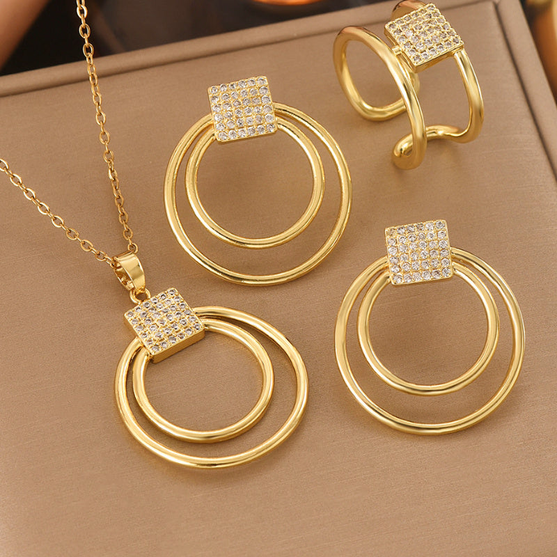 Golden Cubic Zirconia Geometric Jewelry Set (4pcs) ✨🔷