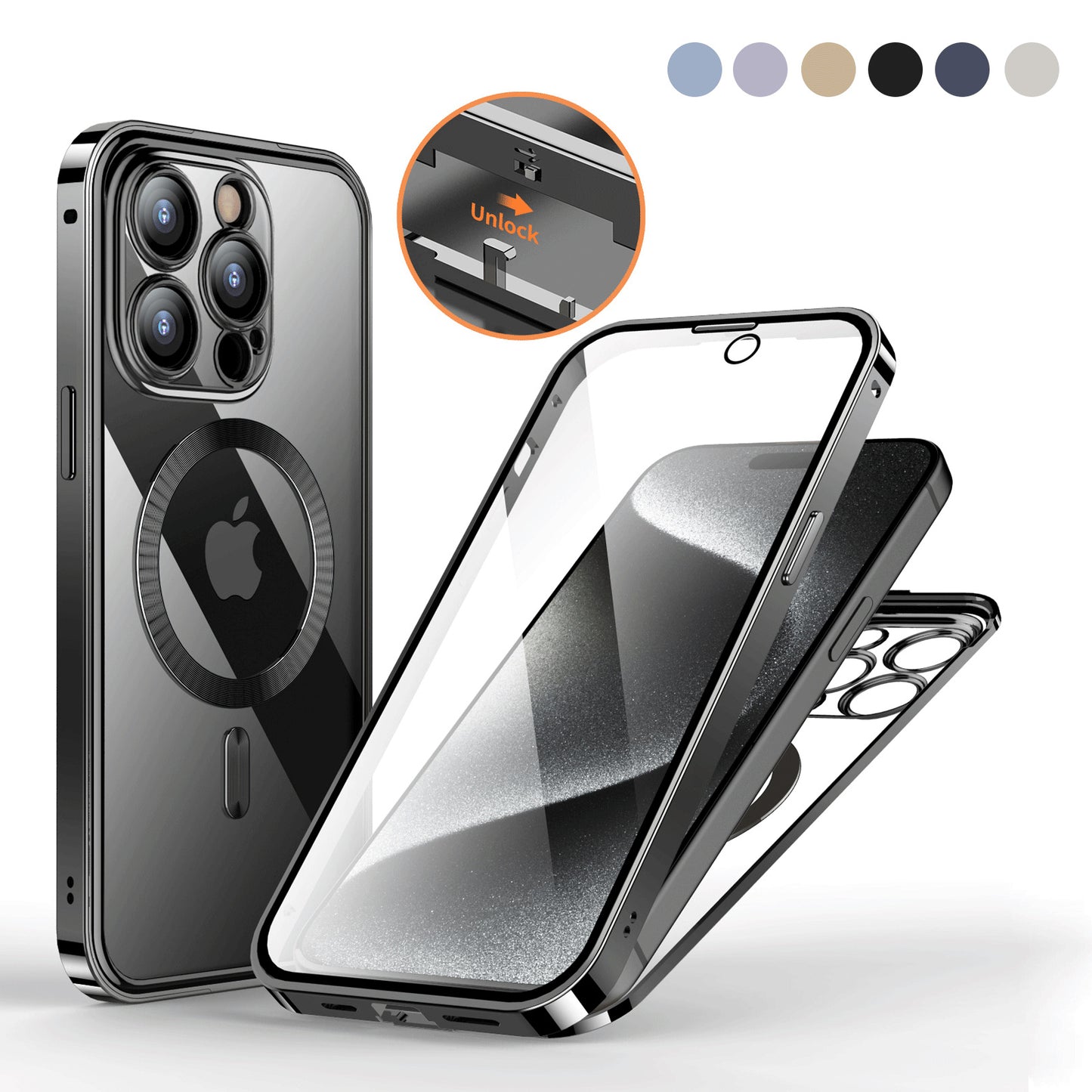 Secure Shield Magnetic Metal Buckle Phone Case: Double-Sided Lens Protection with Wireless Charging Support