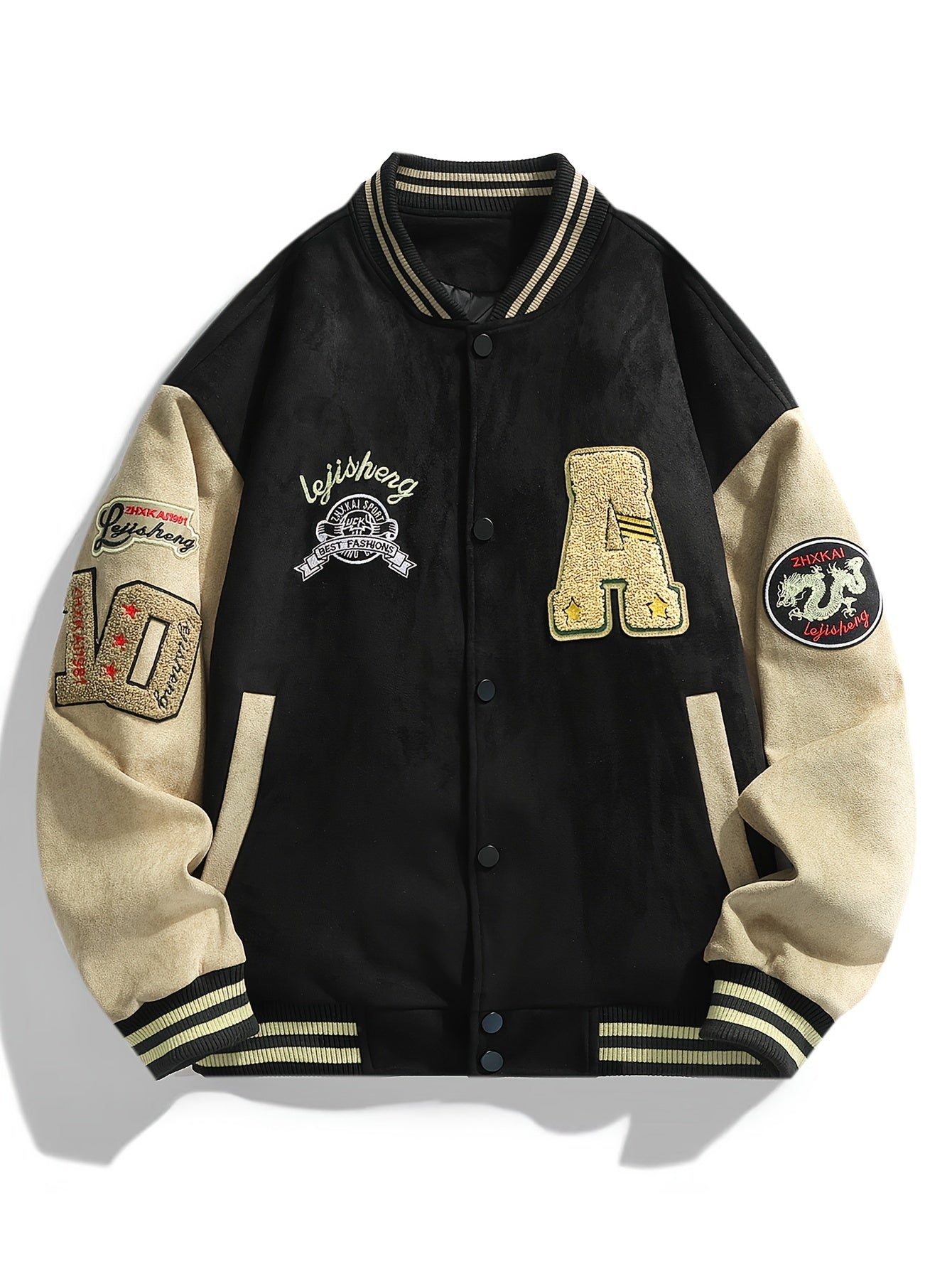 🧢 Men's Casual Letter Embroidery Varsity Jacket - Street Style Color Block Baseball Collar