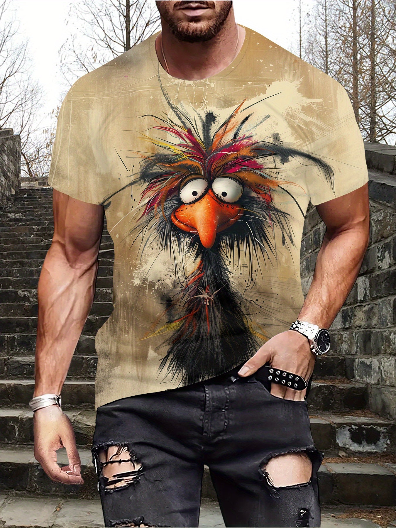 🐔 Cartoon Rooster Print T-Shirt for Men