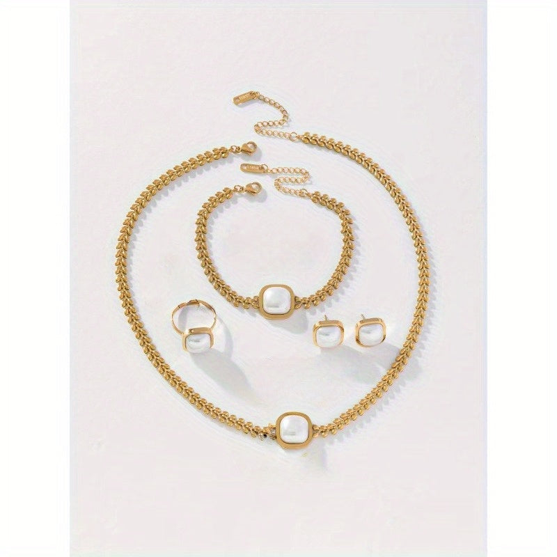 ✨ Parisian Charm 5-Piece Jewelry Set – 18K Golden Plated Imitation Pearl Collection 💫