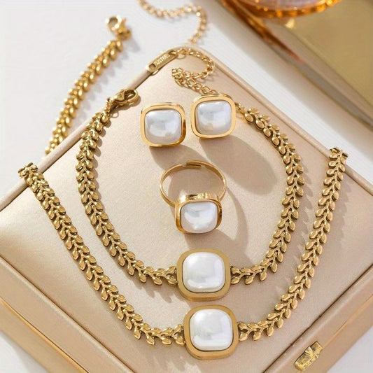 ✨ Parisian Charm 5-Piece Jewelry Set – 18K Golden Plated Imitation Pearl Collection 💫