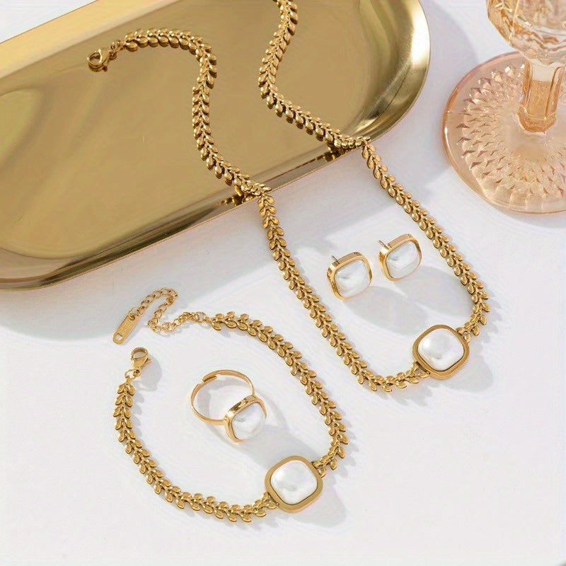 ✨ Parisian Charm 5-Piece Jewelry Set – 18K Golden Plated Imitation Pearl Collection 💫