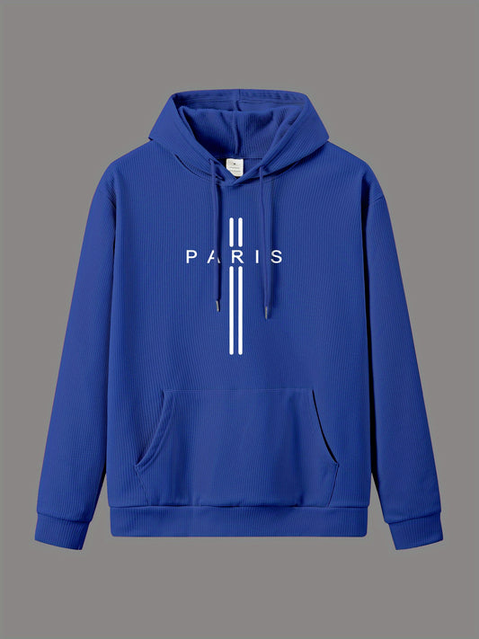 Paris-Inspired Men's Casual Hoodie with Drawstring & Pocket - Long Sleeve, Knit Pullover for Fall/Winter