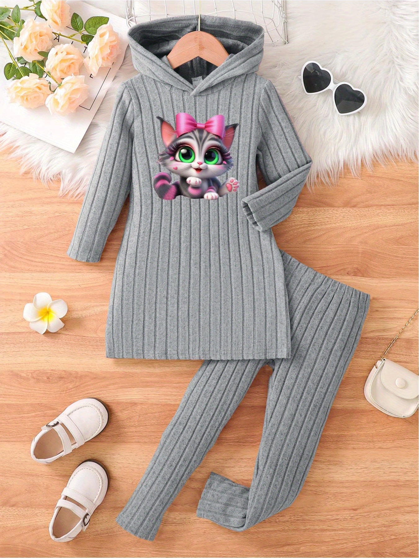 🎀 Girls' Cartoon Print Hooded Dress & Slim-Fit Pants Set