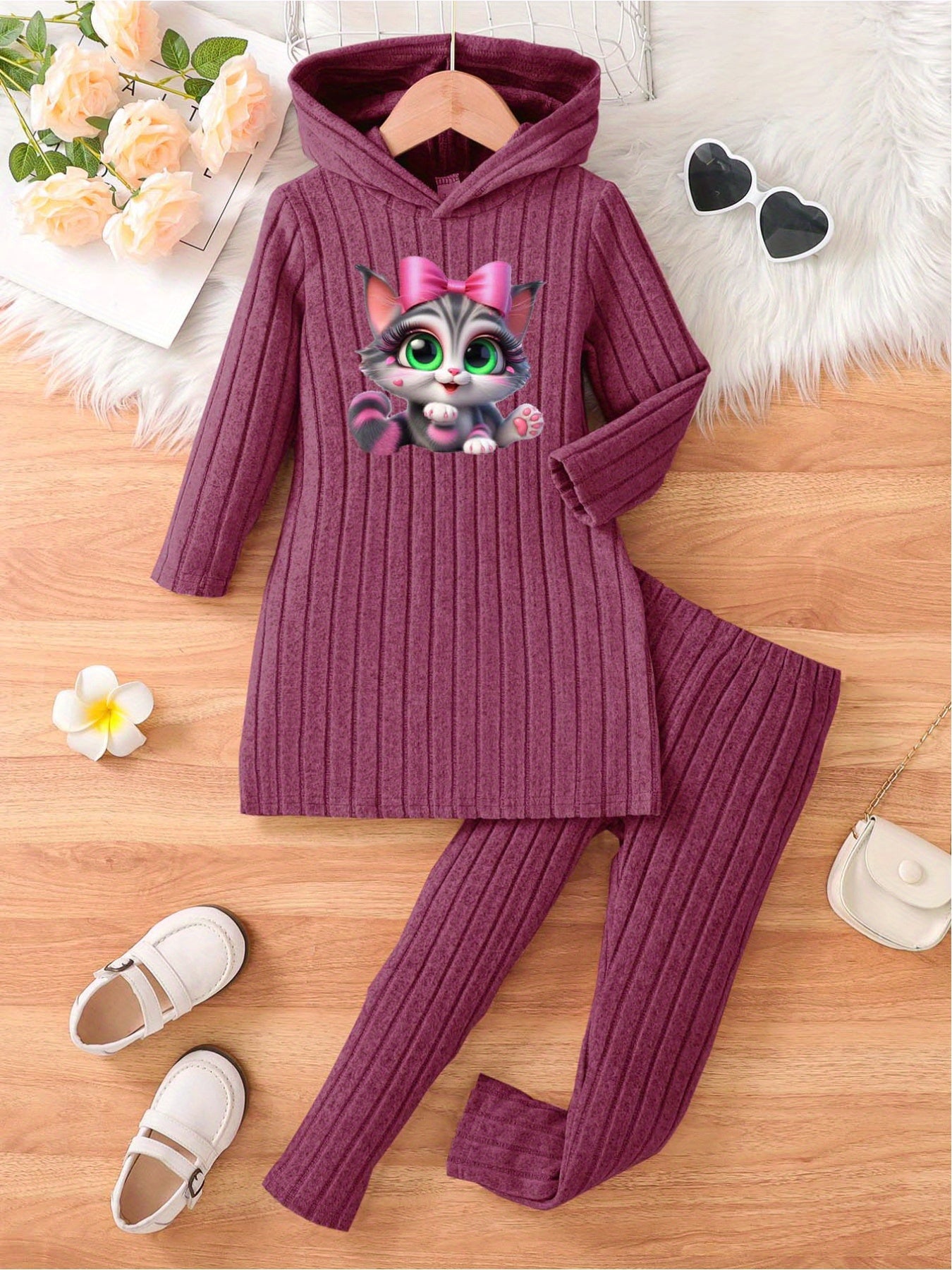 🎀 Girls' Cartoon Print Hooded Dress & Slim-Fit Pants Set