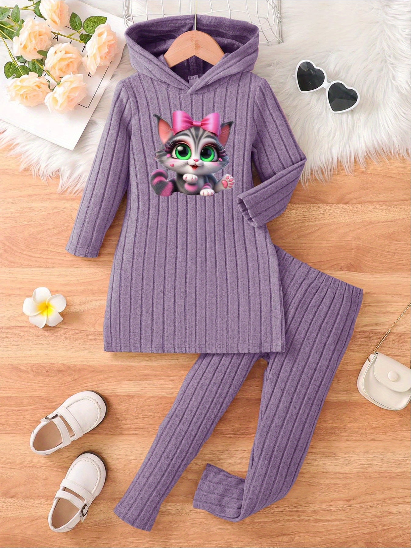 🎀 Girls' Cartoon Print Hooded Dress & Slim-Fit Pants Set