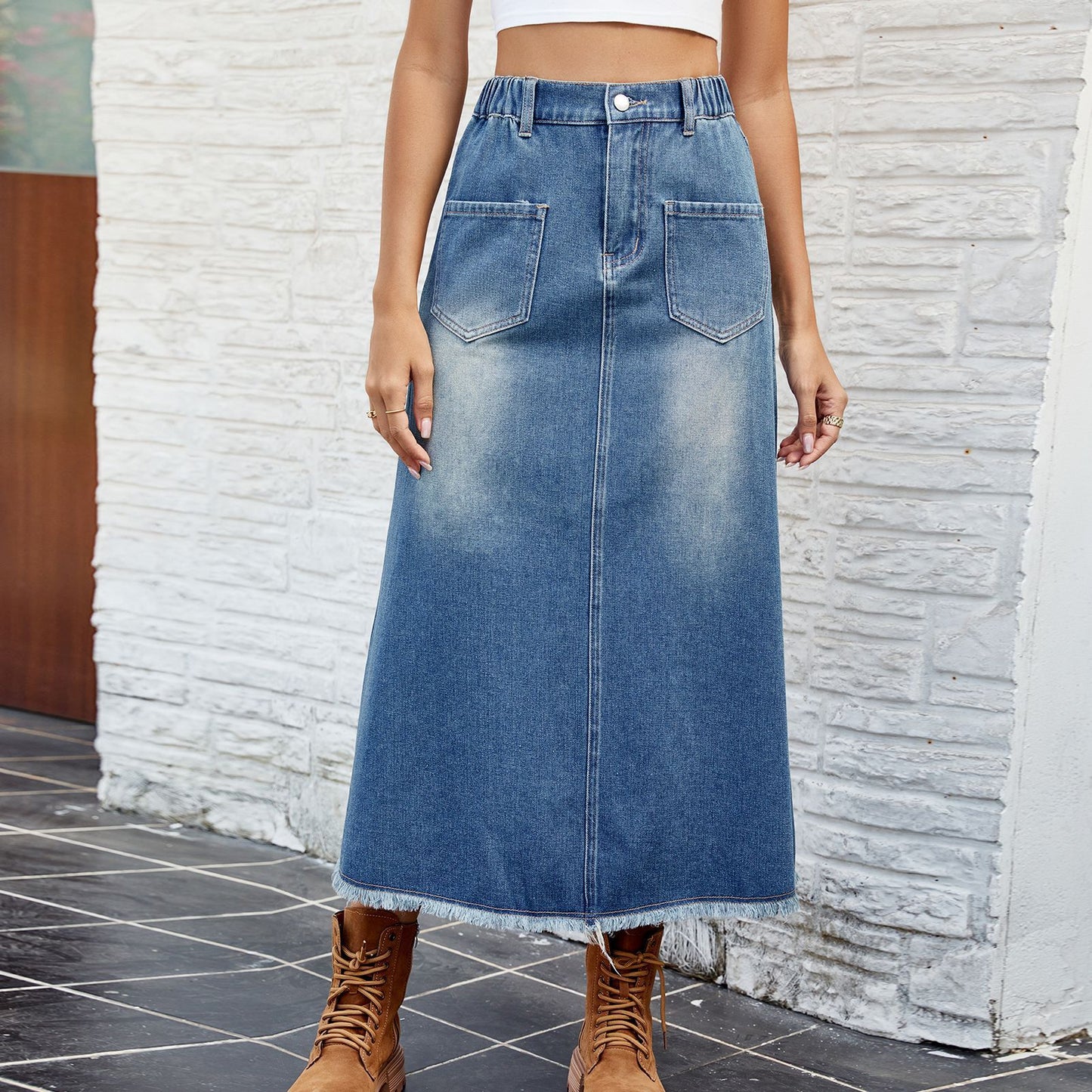 European And American Washed Frayed Hem Denim Skirt Midi Skirt