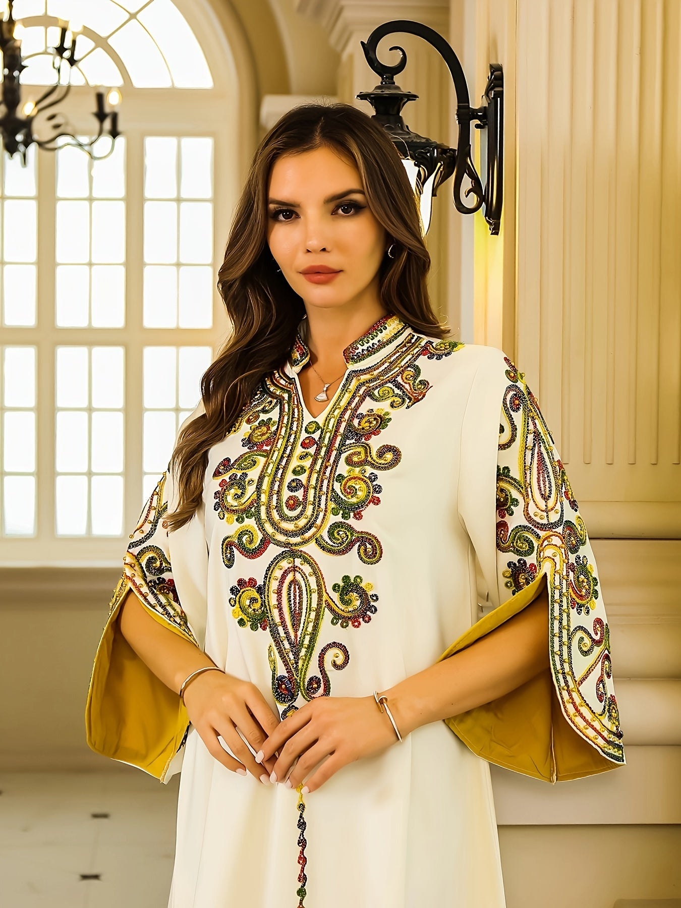 Elegant 3/4 Sleeve Embroidery Dress - Women's Kaftan