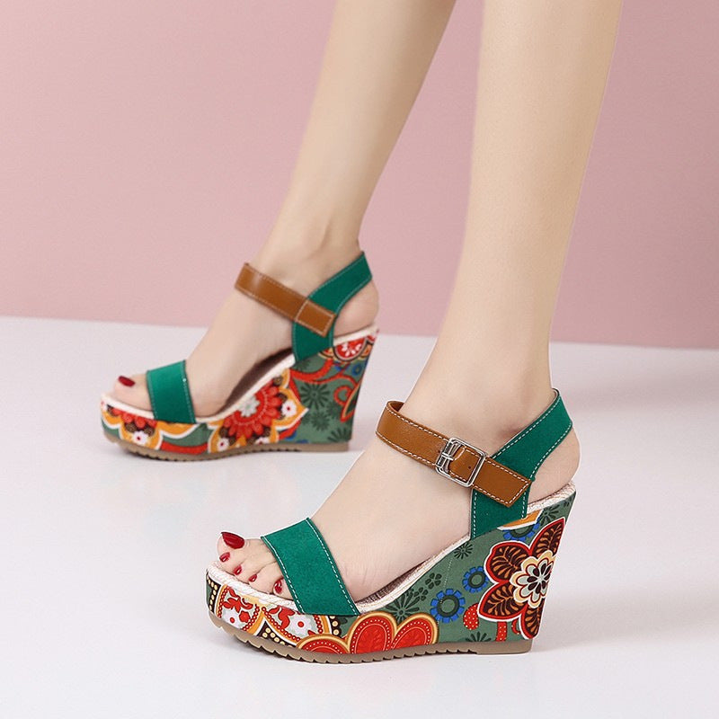 Blossom Lift Embroidered High Wedge Sandals: Fashionable Platform Buckle Shoes