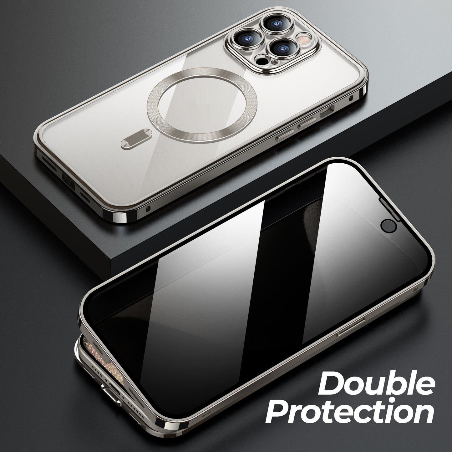 Secure Shield Magnetic Metal Buckle Phone Case: Double-Sided Lens Protection with Wireless Charging Support