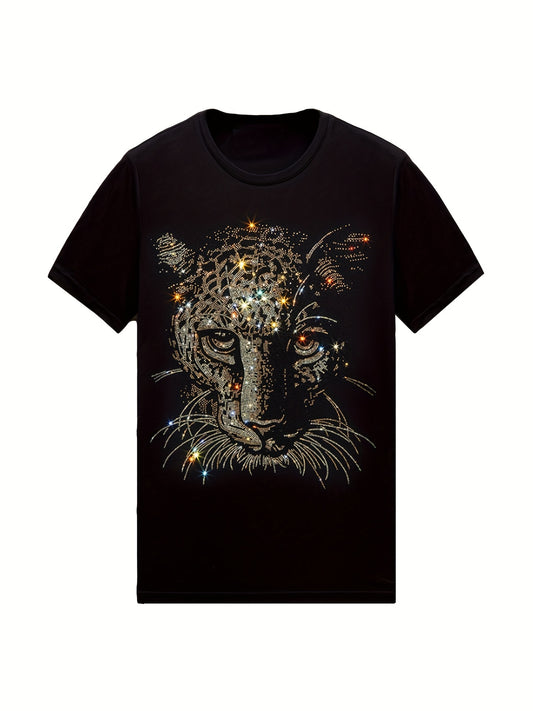 ✨ Rhinestone Leopard T-Shirt 🐆 - Casual Crew Neck Graphic Tee for Men