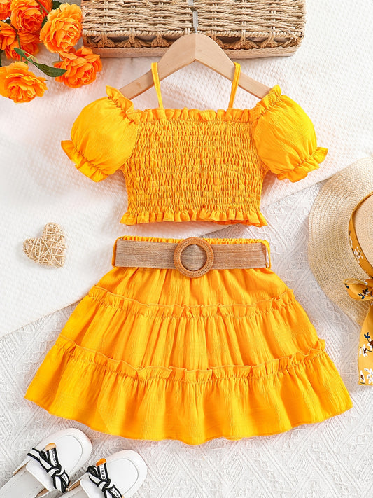 🌞 Girls' Elegant Cute Cami Off-Shoulder Ruffled Top & Skirt Set 👗