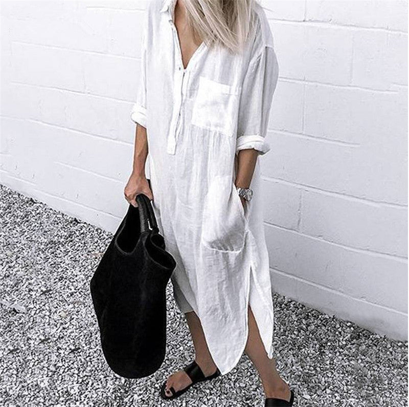 Solid Color Slit Simple Clinch Long Shirt Dress Women