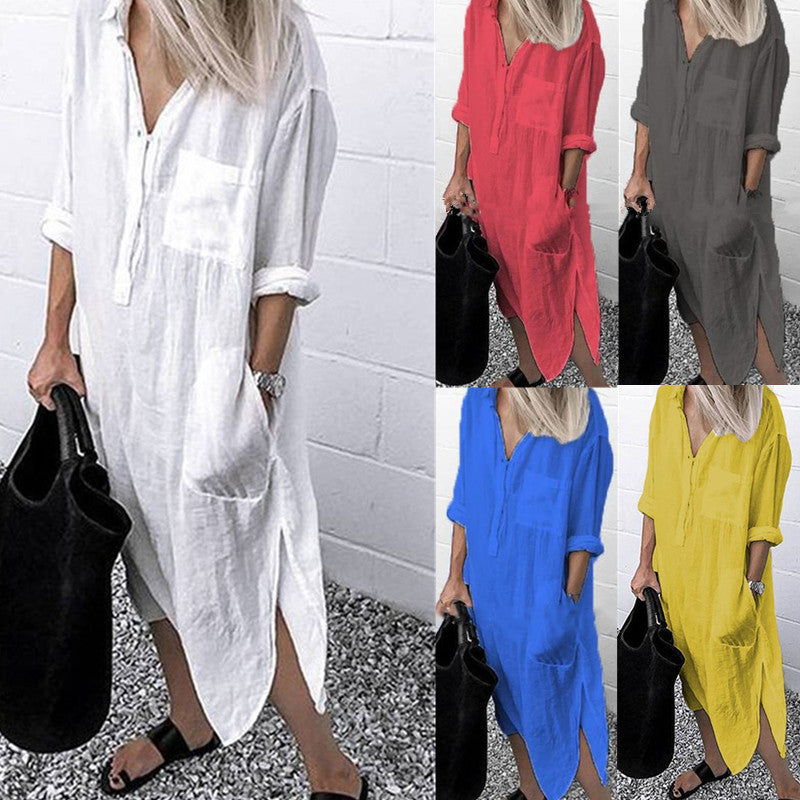 Solid Color Slit Simple Clinch Long Shirt Dress Women