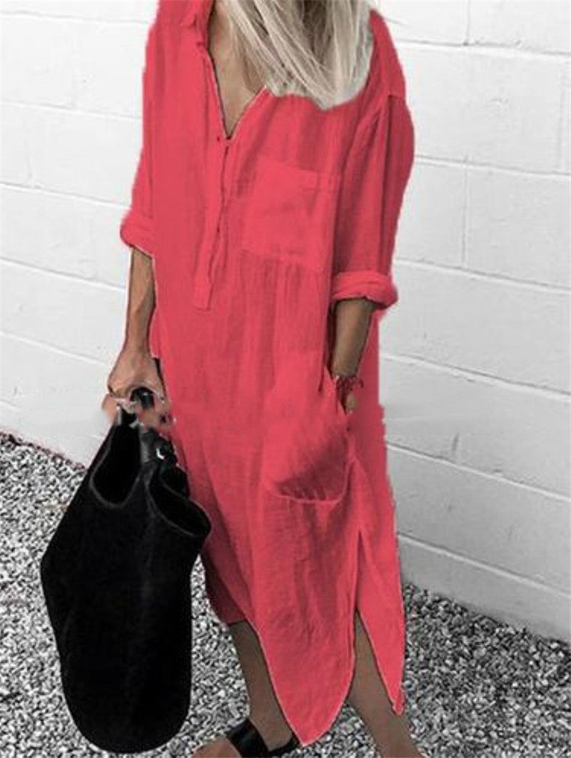 Solid Color Slit Simple Clinch Long Shirt Dress Women