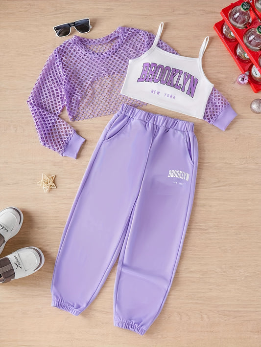 🌟 3-Piece Brooklyn Letter Girls' Outfit Set – Cami Shirt, Cover-Up Top & Jogger Pants 🌟