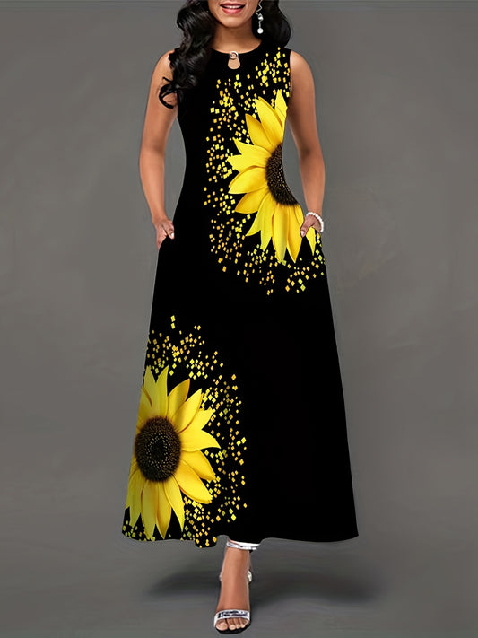 🌻 Sunflower Print Keyhole Dress