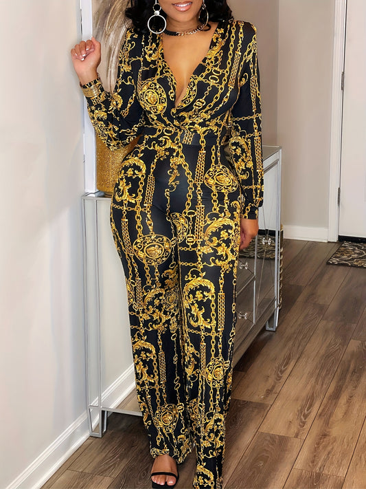 Plus Size Chain Print Straight Leg Jumpsuit - Luxe and Laid-Back ✨🔗