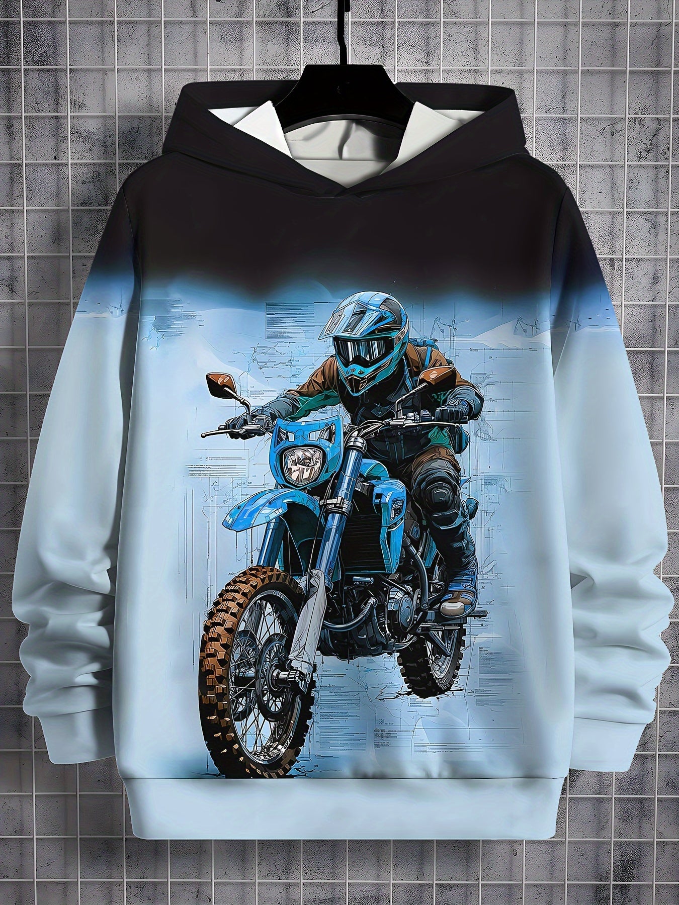 🏍️ Boy's Motorbike Rider Pattern Hooded Sweatshirt – Trendy Pullover for Autumn & Spring 🍂