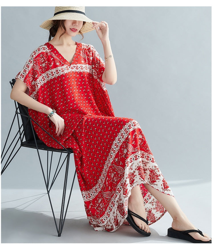 Ethnic Travel Vacation Style Cotton Silk Positioning Printed V-neck Robe