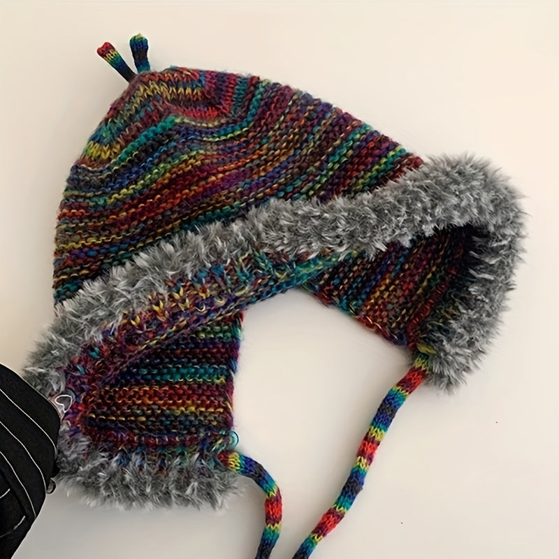 Vintage Rainbow Striped Ear Flap Hat - Boho Crochet Beanie 🎨