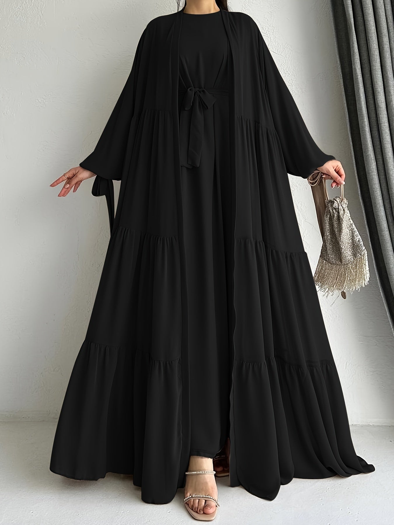 Crew Neck Long Sleeve Abayas Dress - Elegant Ruffle Hem Maxi with Long Sleeve Cardigan