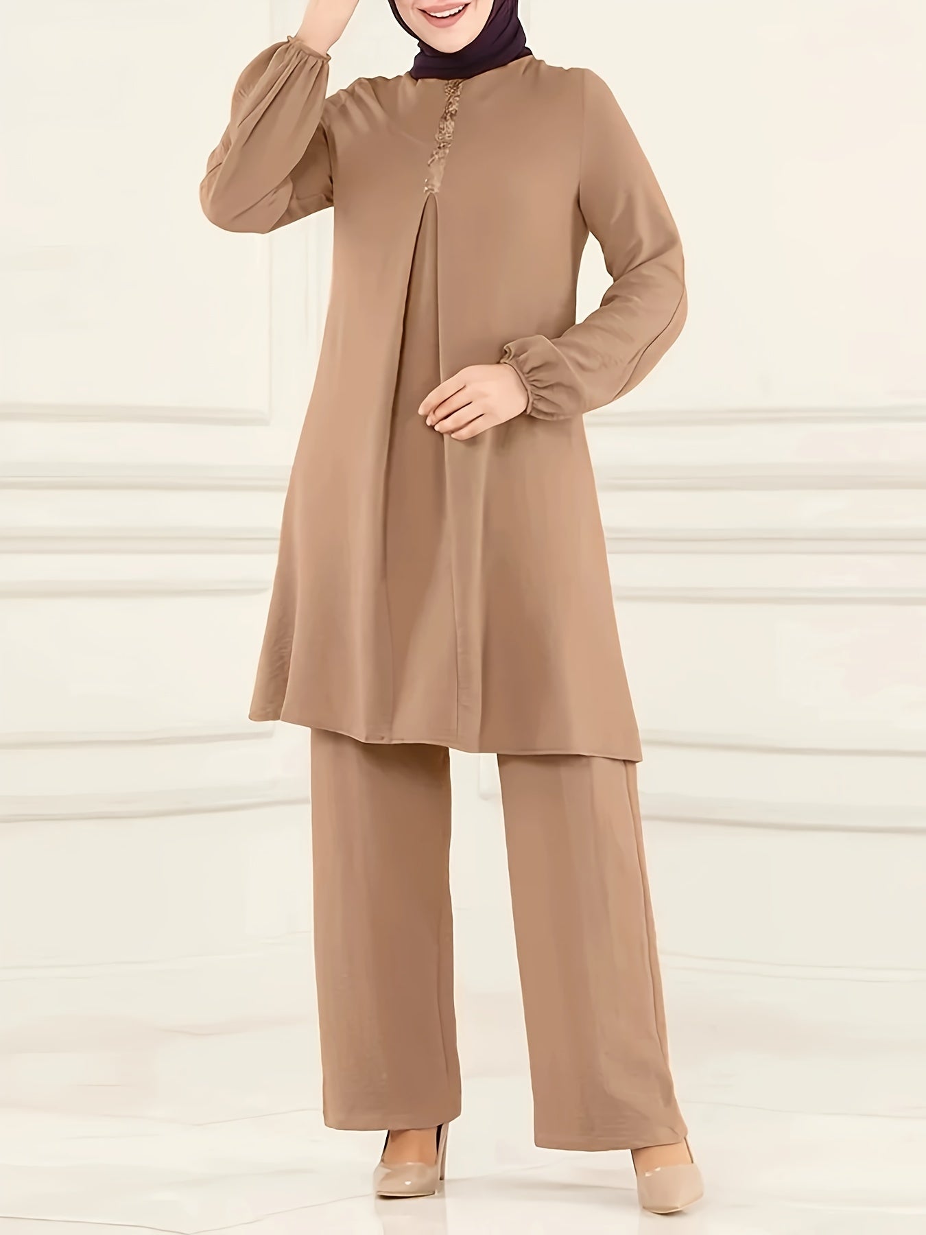 Elegant Solid Muslim Two-Piece Set - Long Sleeve Crew Neck Top & Straight Leg Pants