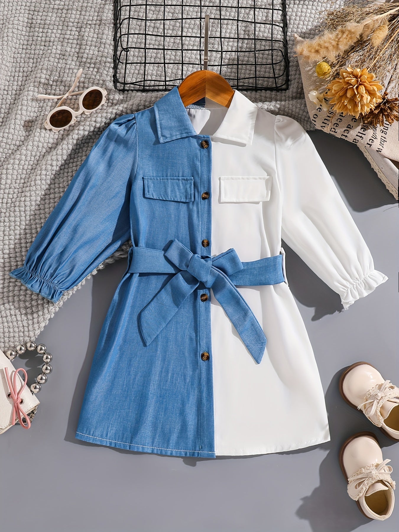 👗 Girl's Spring/Summer Dress - Blue & White Denim Collar, Long Sleeves, and Waist Belt