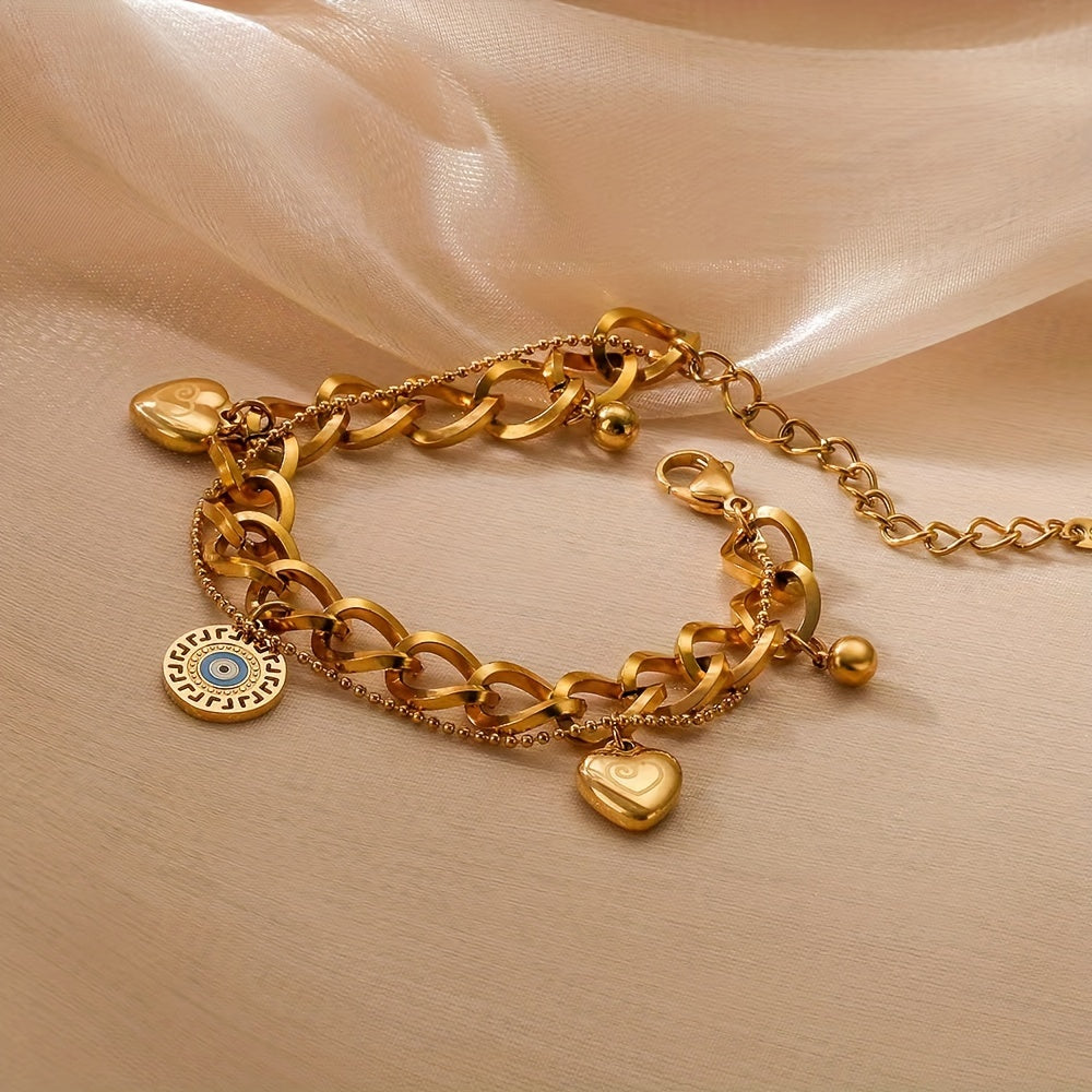 ✨ Vintage Charm Chunky Chain Bracelet – 18K Gold Plated with Blue Eyes Pendant 🌟