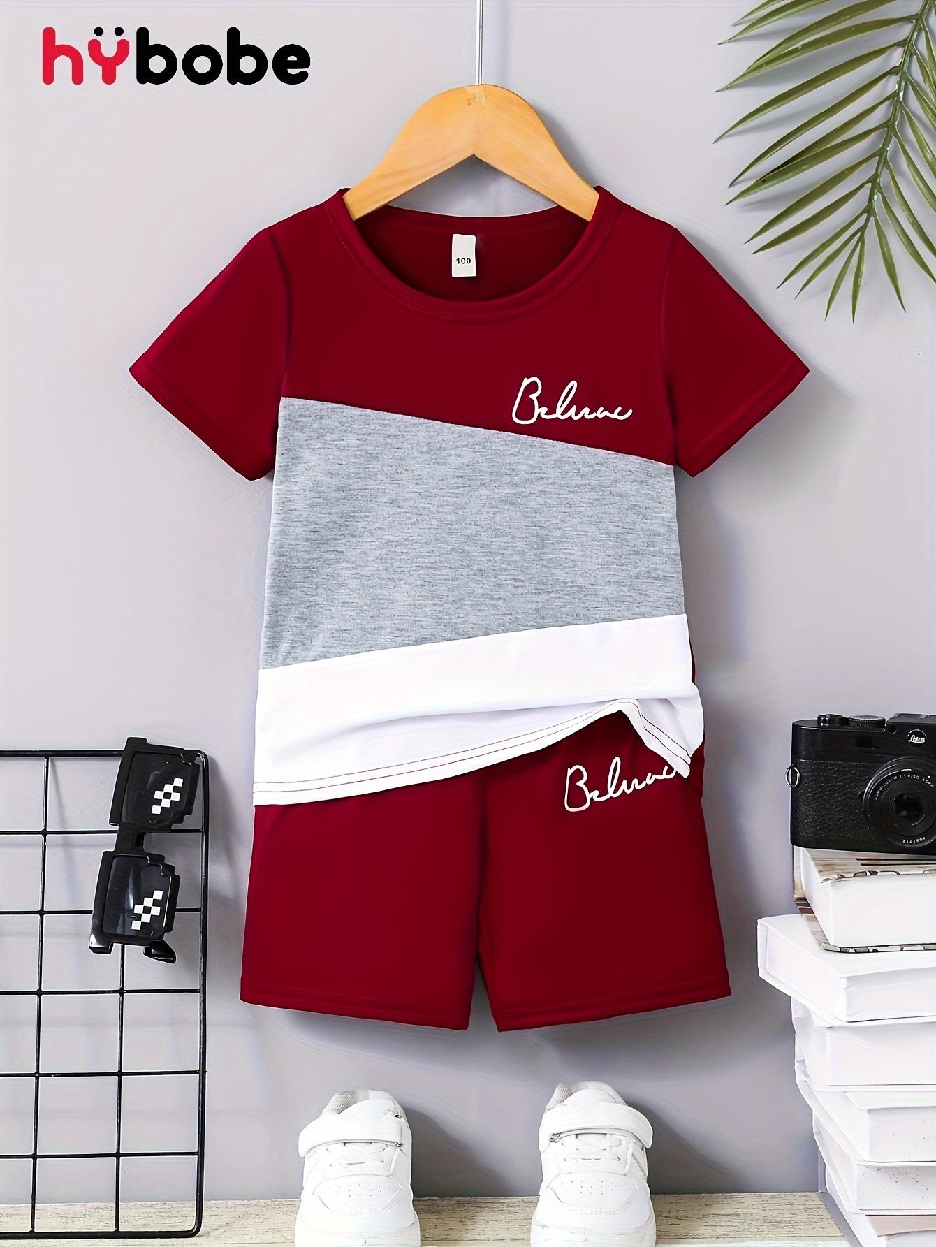 ✨ 2-Piece Boys' Casual "BELIEVE" Graphic Print Color Block T-Shirt & Shorts Set – Comfy Summer Outfit 🌟