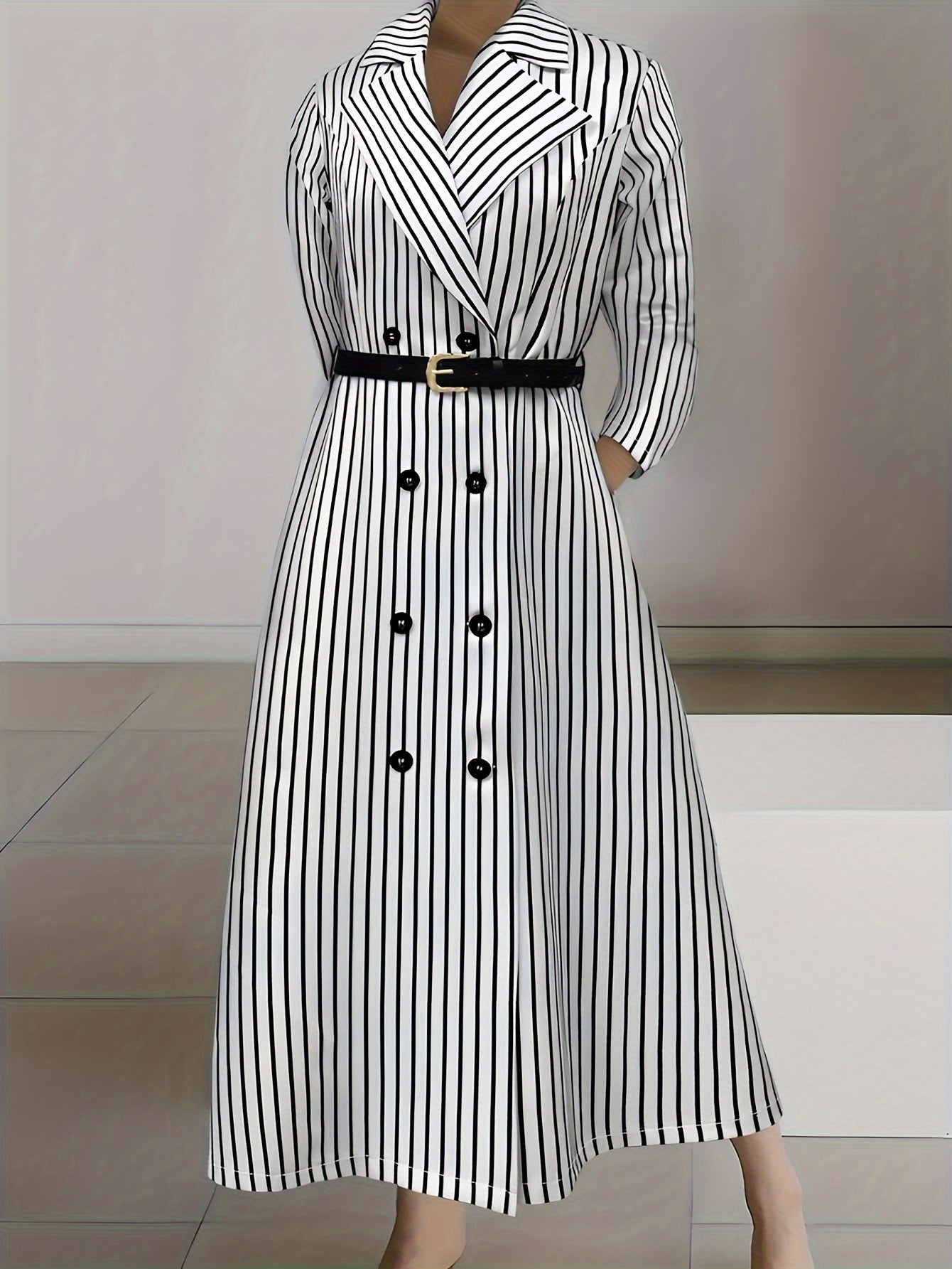 🌟 Elegant Striped Long Sleeve Belted Dress 🌟