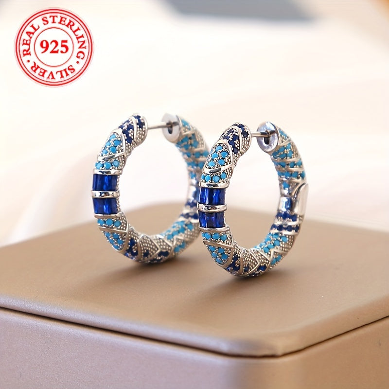 🌙 Tribal Silver Hoops – Blue Zirconia Elegance Collection 💎