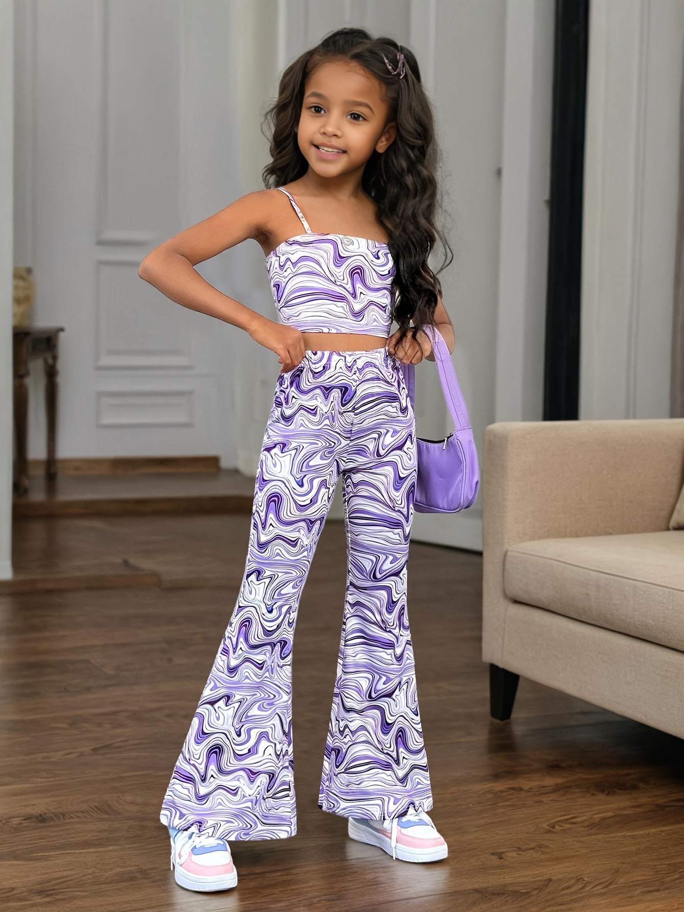 ☁️ Clouds Print Girls Set – Cami Top & Flared Trousers for Spring/Summer 🌸