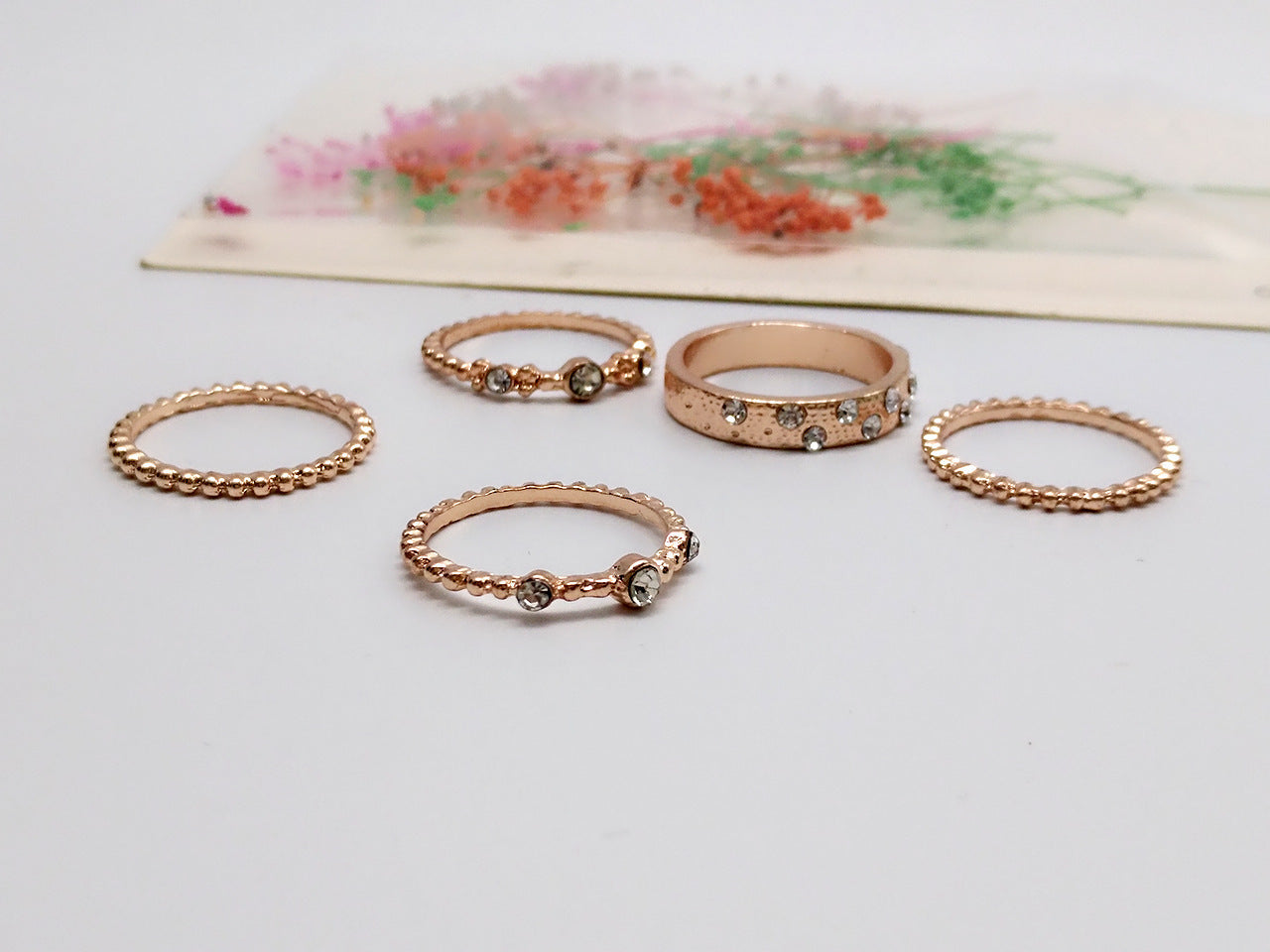 Euro Glam Rose Gold Diamond Stackable Rings: Set of Five Elegant Jewelry Pieces