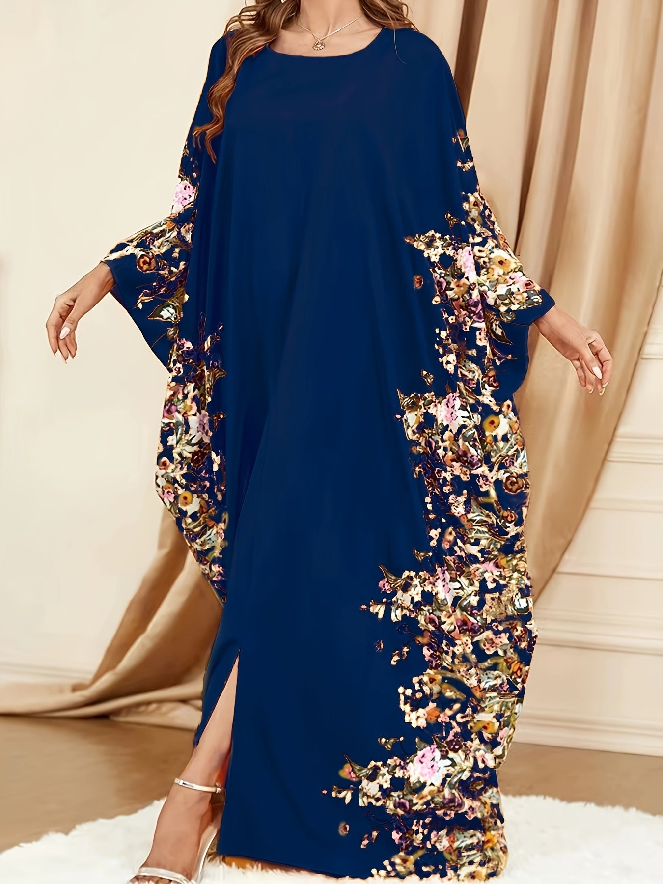 🌙 Ramadan Floral Print Crew Neck Kaftan