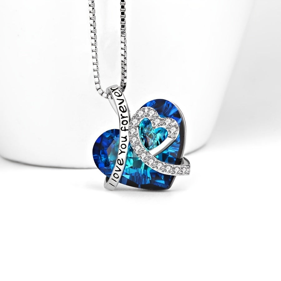 💖 "I Love You Forever" Heart-Shaped Pendant Necklace – 925 Sterling Silver & Blue Crystal ✨