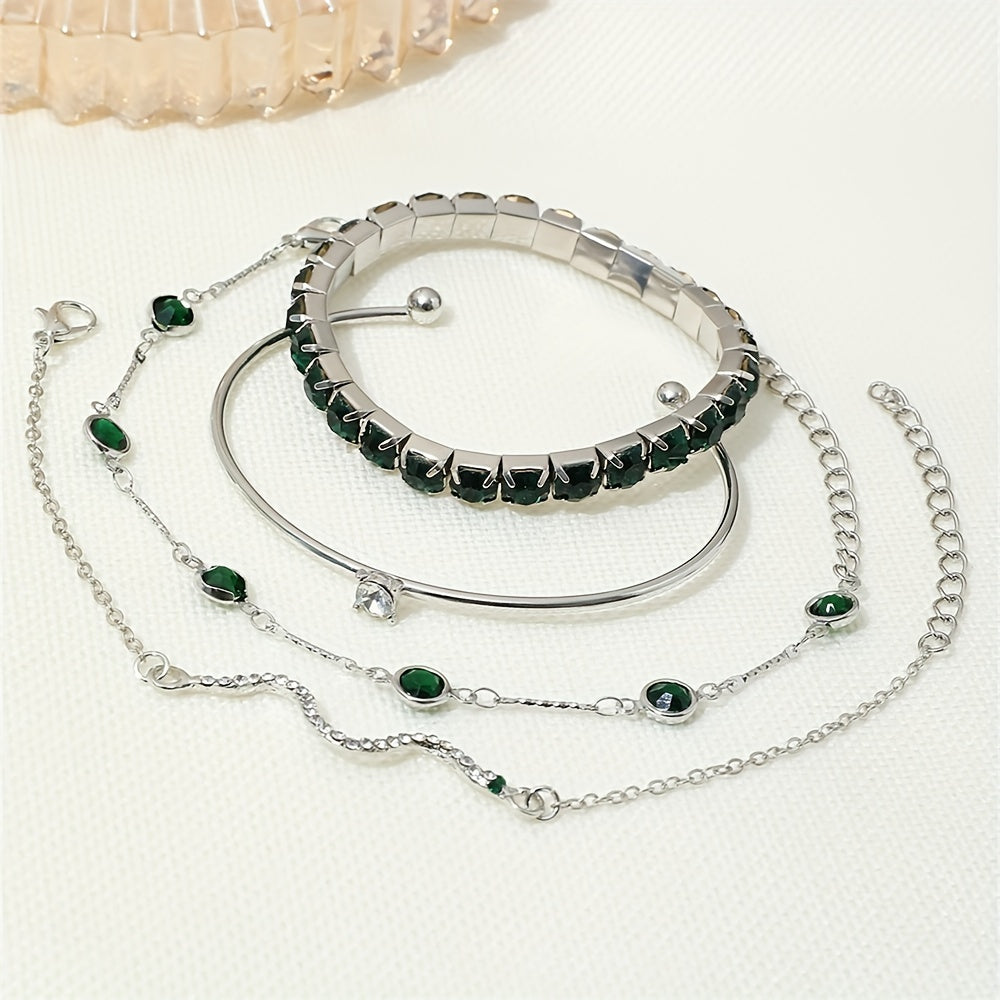 Elegant Green Imitation Gemstone Claw Chain Snake Bracelet Set 🍃✨