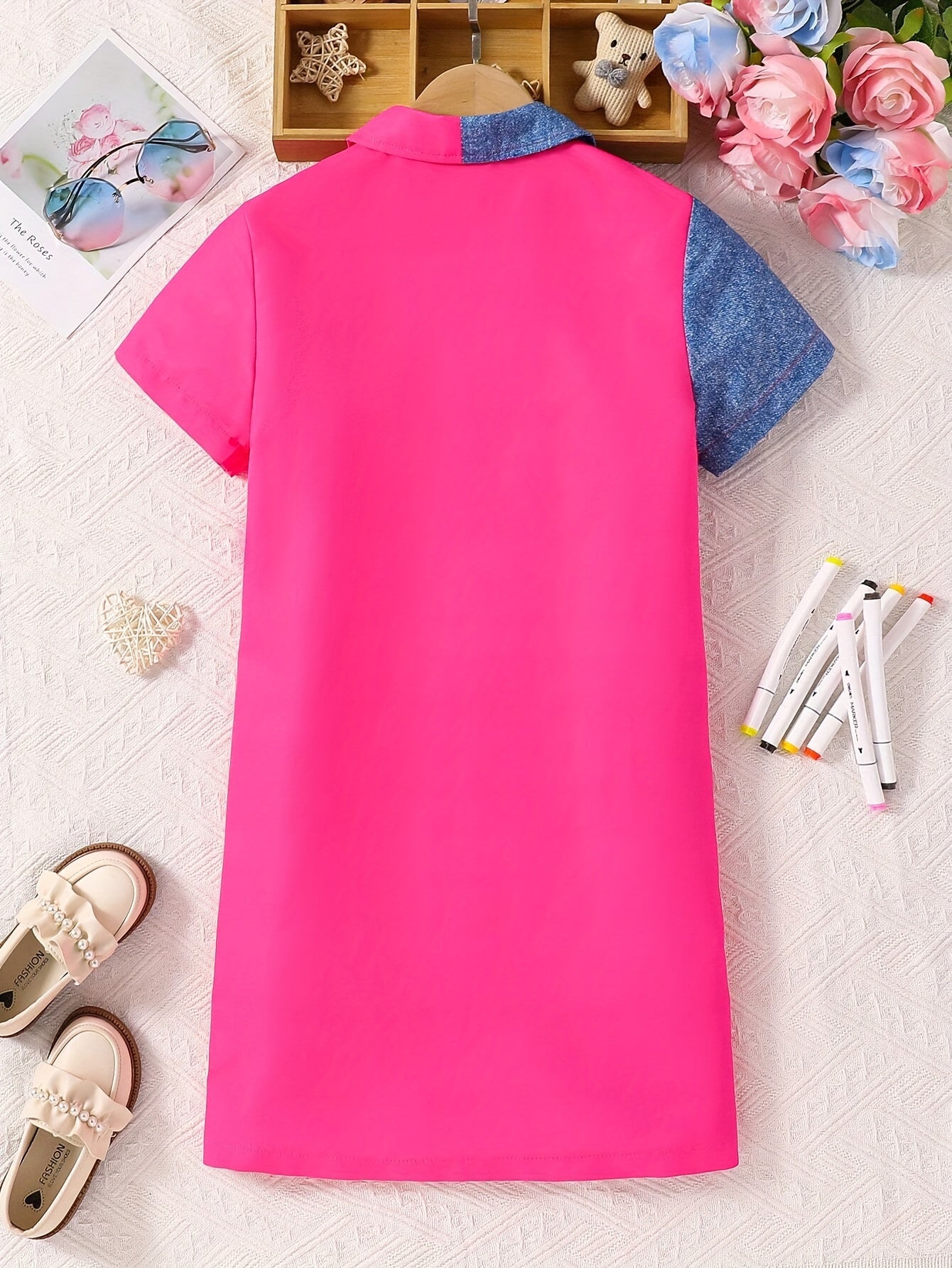 👗 Tween Girls' Color Block Stationery Pattern Short Sleeve Dress